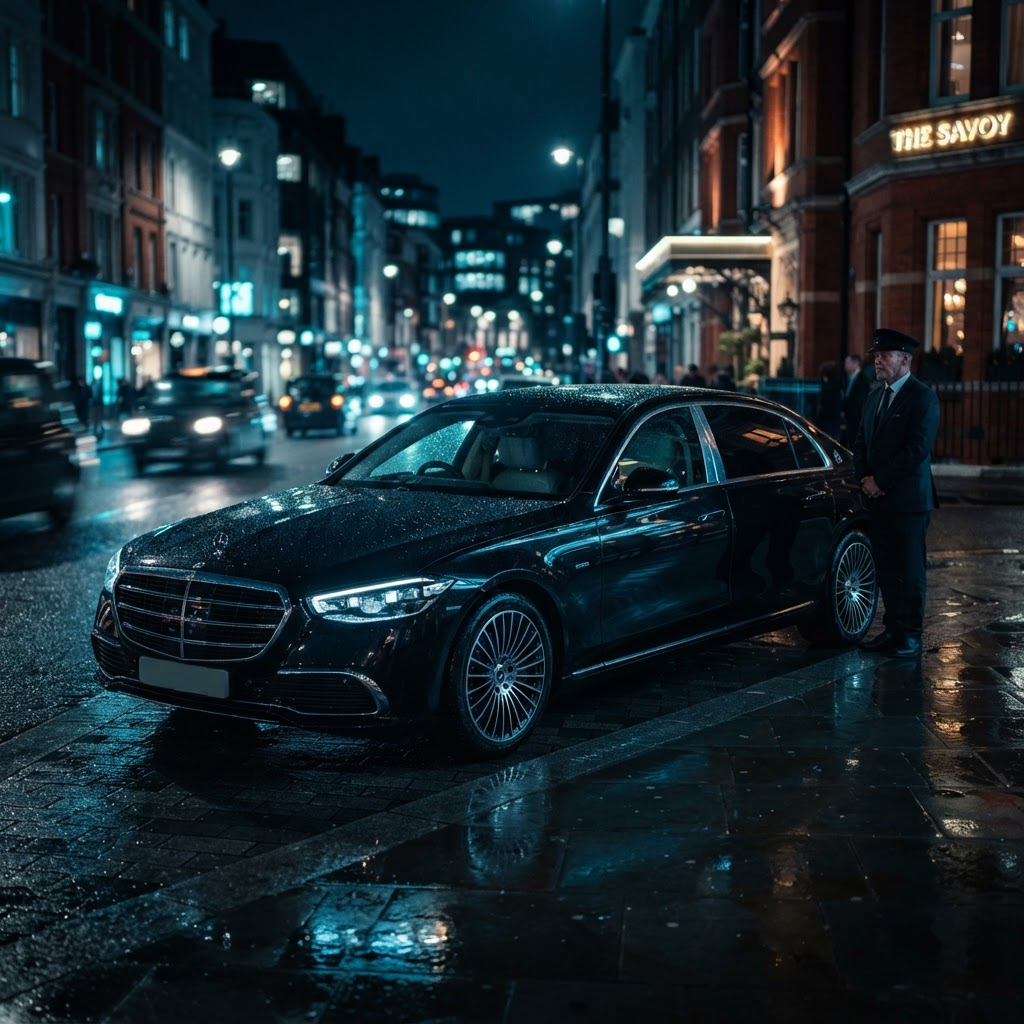 Berline noire de luxe Ned Driver la nuit en ville